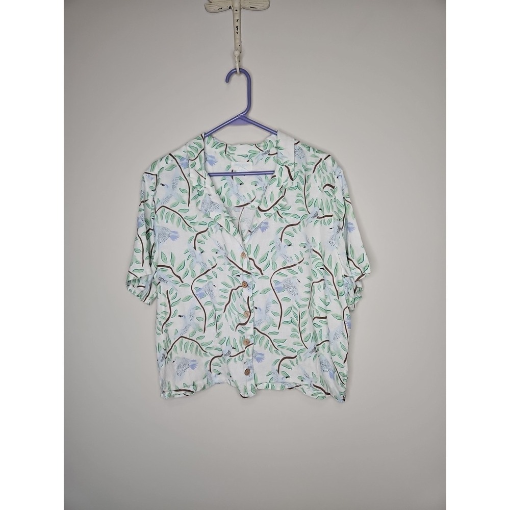 Cynthia Rowley Top XL Blue Linen Bird Botanical Print Boxy Fit Crop Chic Coastal